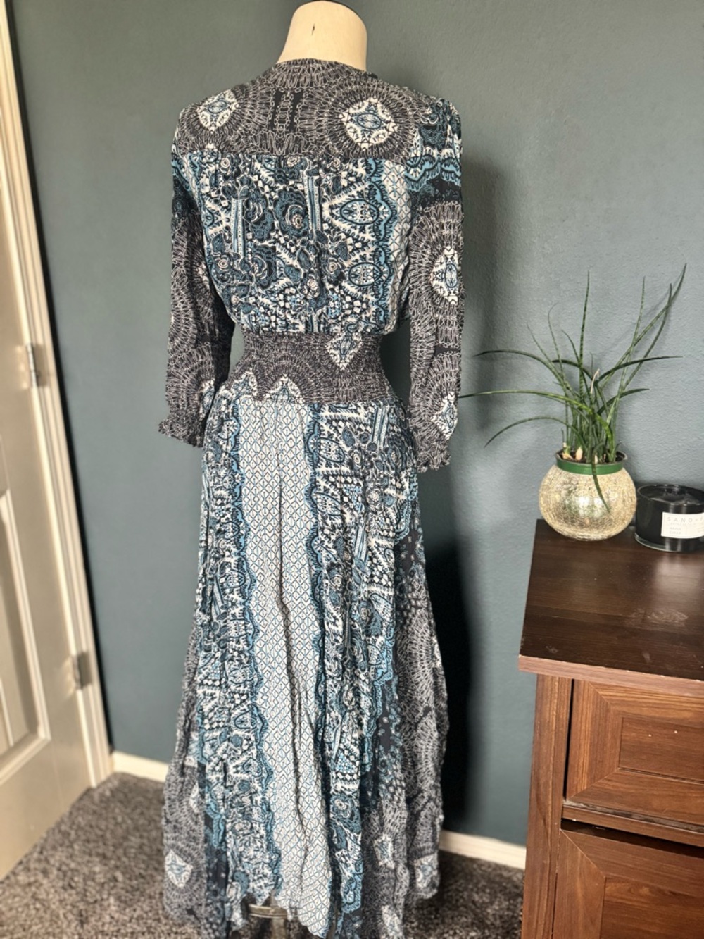 Free People Teal and Black Paisley V-Neck Maxi Dress - Picture 3 of 4